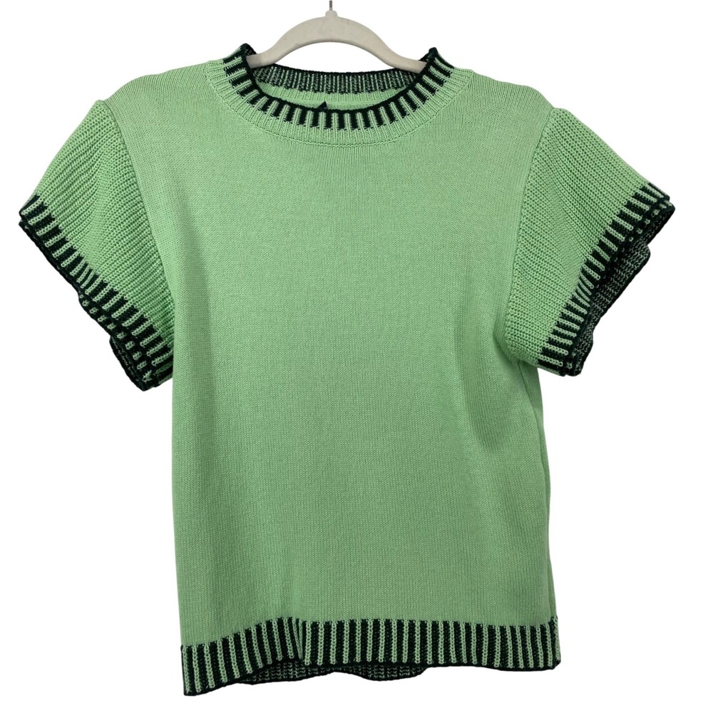 Miss Sparkling Size Medium Green Knit Top Short Flutter Sleeve Cotton Striped